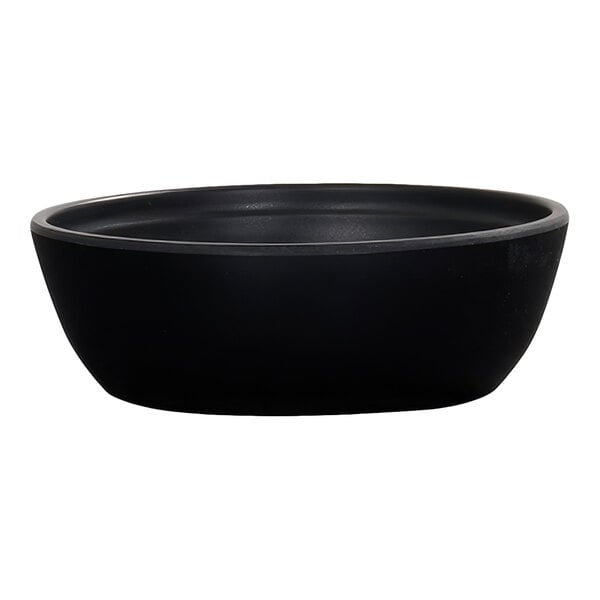 A black, round bowl with smooth sides and a slightly flared rim.