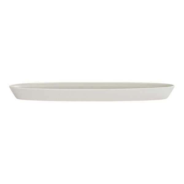 A simple, oval-shaped, white platter with slightly raised edges, viewed from the side.