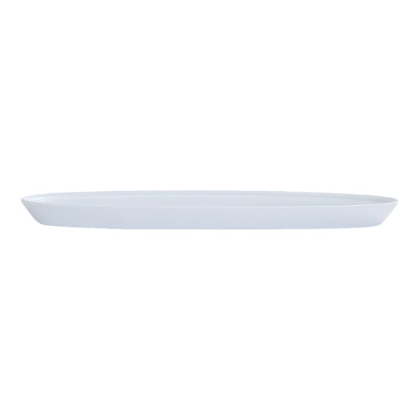 A white, oval-shaped platter with slightly raised edges, viewed from the side.