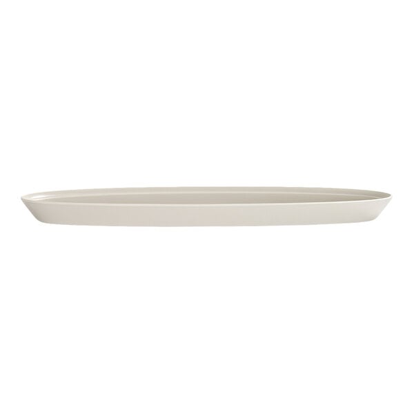 A white, oval-shaped, shallow platter with smooth edges, viewed from the side.