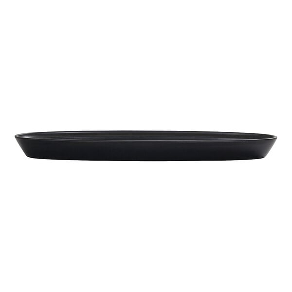 A black, oval-shaped platter with a slightly raised edge, viewed from the side.