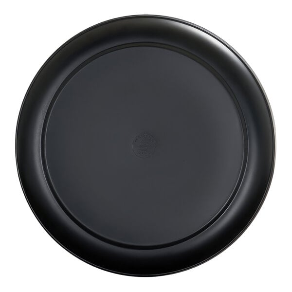 A round, black platter with a raised rim, viewed from above.