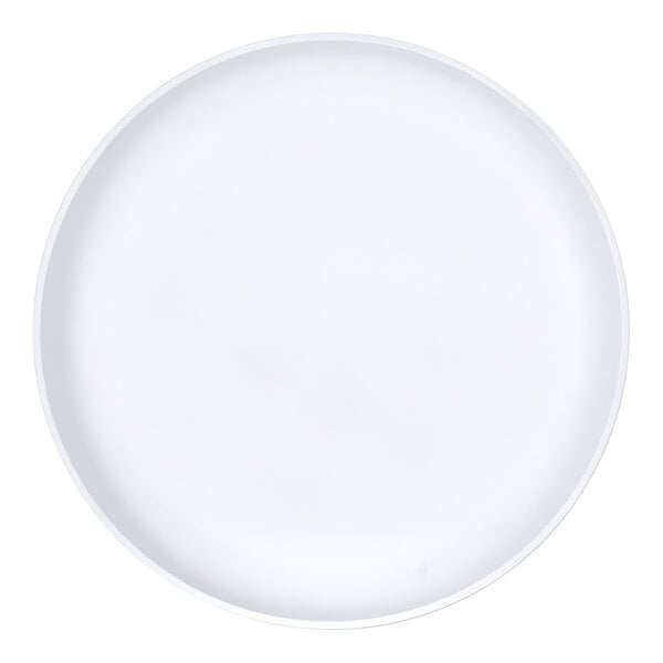 A plain, round, white platter with a slightly raised rim, viewed from above.