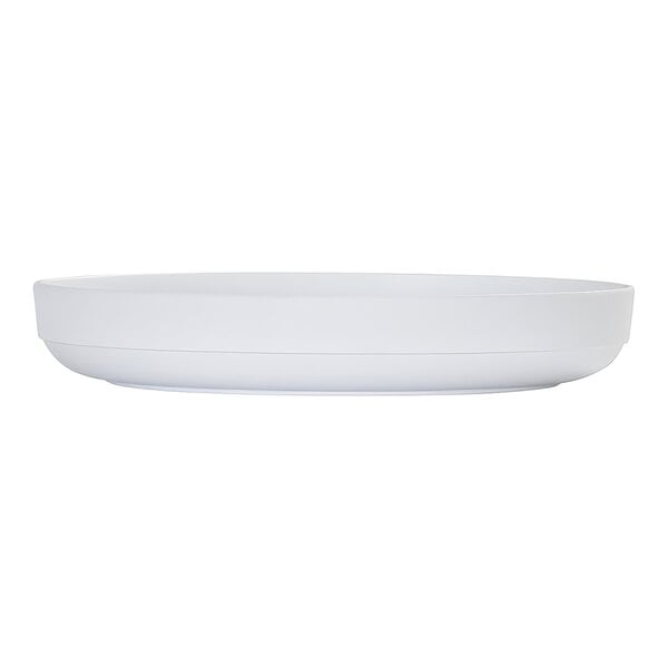 A white, round platter with a raised rim, shown from a side view against a plain background.