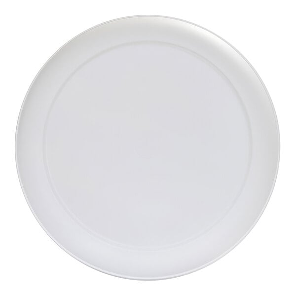 A plain, round, white platter with a slightly raised rim, viewed from above.