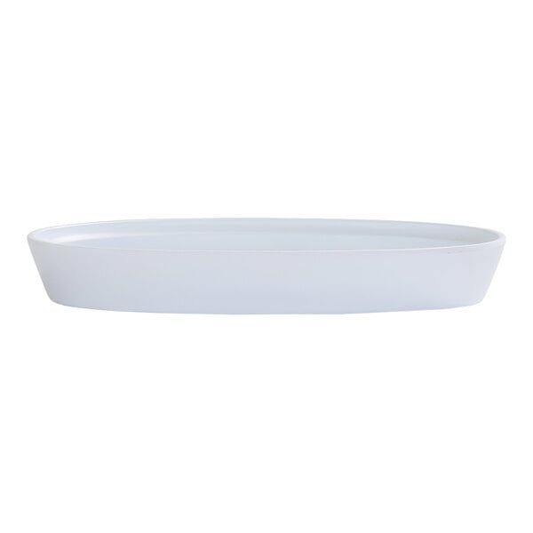 A white, oval-shaped, shallow platter with smooth sides.