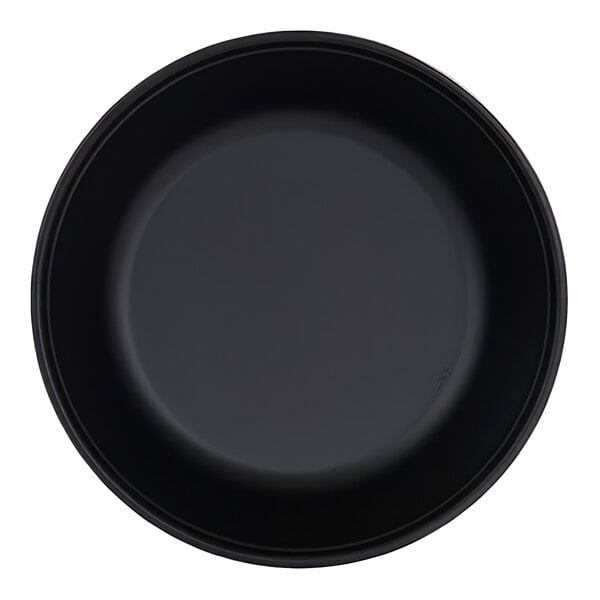 A black, round bowl with smooth sides and a matte finish, viewed from above.