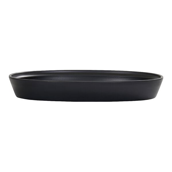 A black, oval-shaped platter with slightly raised edges, viewed from the side.