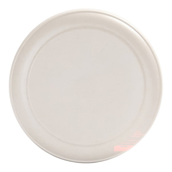 A plain, round, ivory-colored plate with a slightly raised rim and a subtle speckled pattern.