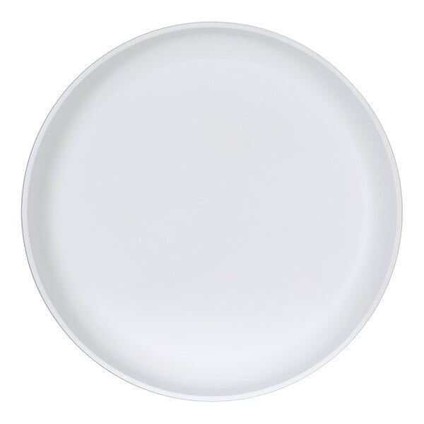 A plain white round plate with a slightly raised rim, viewed from above.