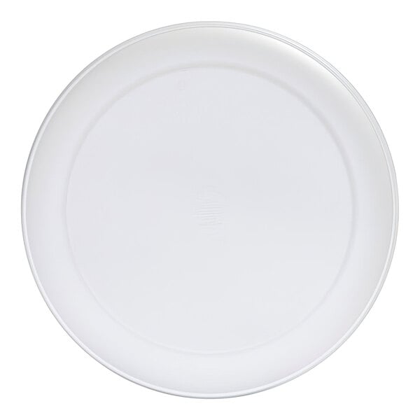 A plain white round plate with a slightly raised rim, viewed from above.