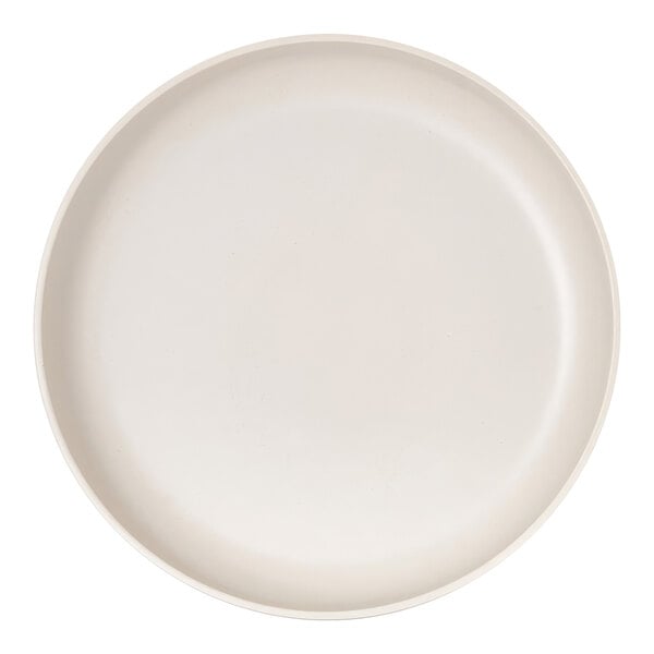 A plain, round, ivory-colored platter with a slightly raised rim.