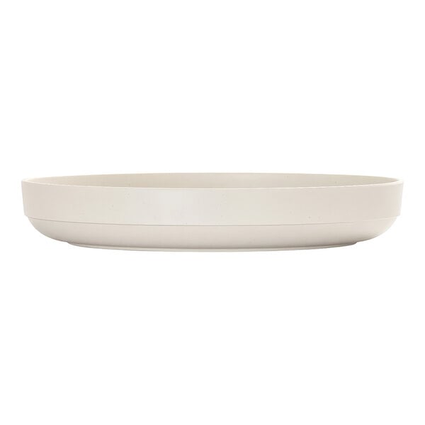 A round, ivory-colored platter with a raised rim and a smooth, matte finish.