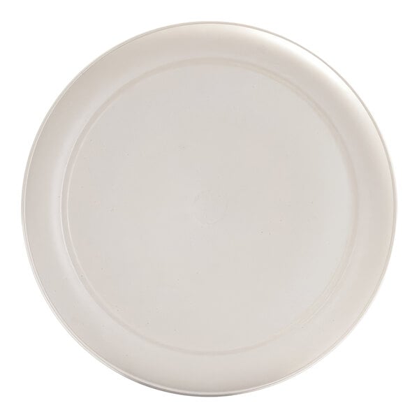 A plain, round, ivory-colored platter with a slightly raised rim.
