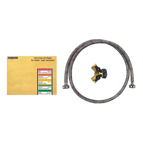 The image shows a flexible braided hose with metal connectors, a brass valve with a black handle, and a packet labeled 'Universal pH Paper for Water Leak Detection' with a color chart.
