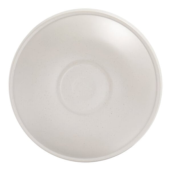 A round, ivory-colored bowl with a subtle speckled pattern, viewed from above.