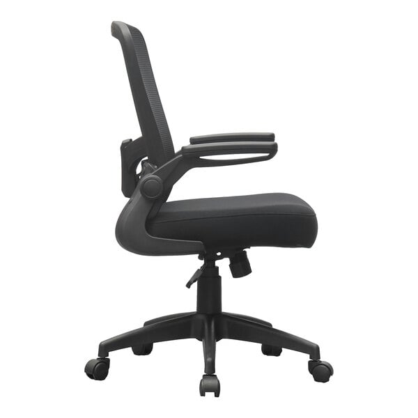 A black office chair with a mesh back, cushioned seat, armrests, and a five-wheel base, shown from the side.