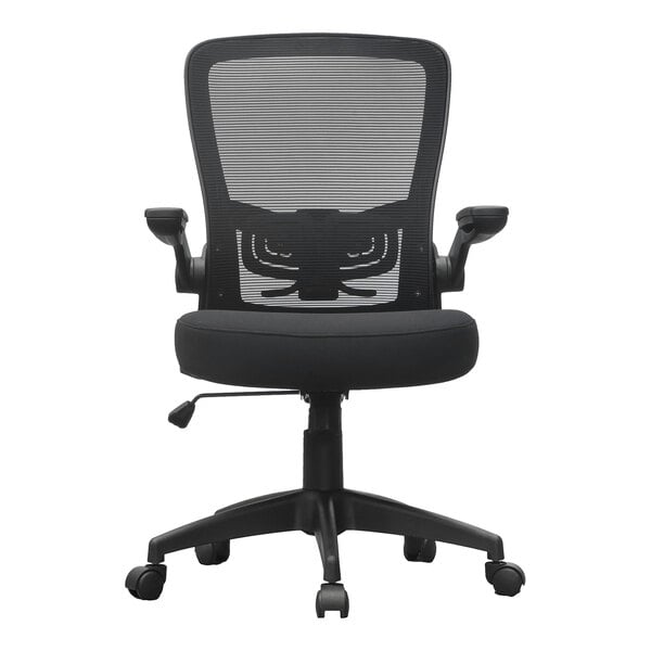 A black ergonomic office chair with a mesh back, cushioned seat, flip-up armrests, and a five-wheel base.