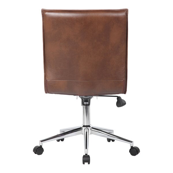 A brown, armless office chair with a square backrest, chrome base, and five caster wheels, viewed from the back.