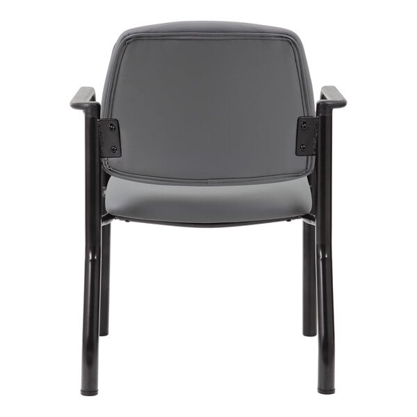 A front view of a gray chair with a padded seat and backrest, black metal legs, and armrests.