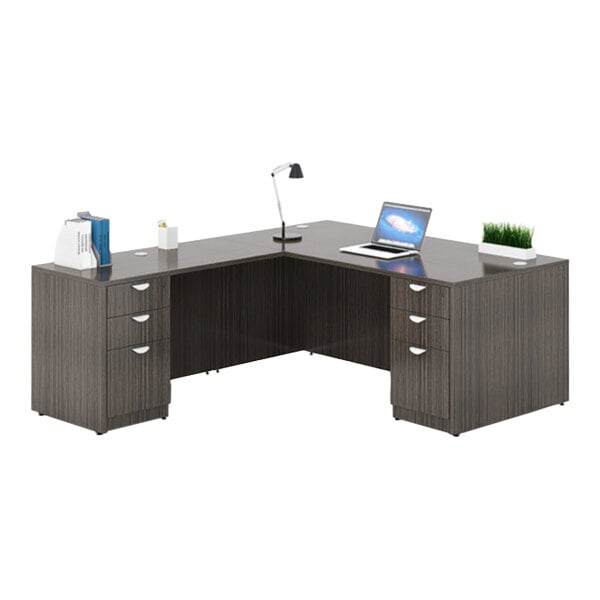 Boss Case Goods 71" Driftwood Executive L-Shaped Laminate Corner Desk Module with Return and Dual Storage Pedestals