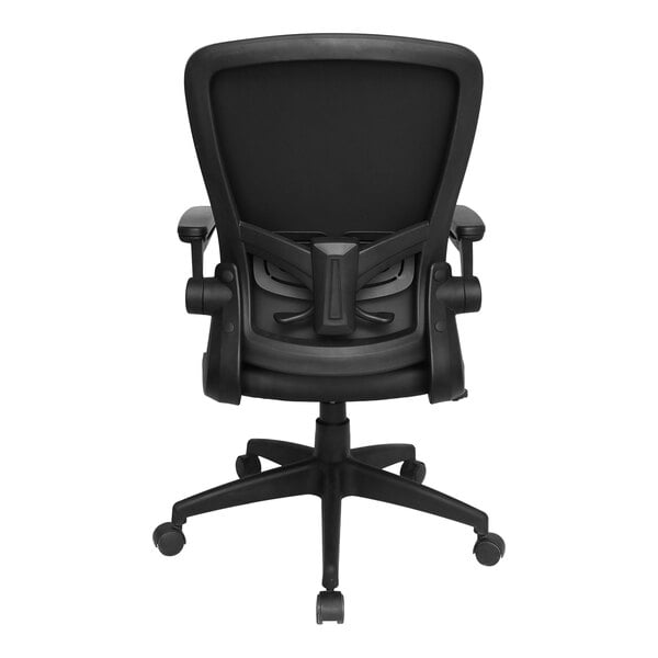 A black ergonomic office chair with a mesh back, adjustable armrests, and a five-wheel base, viewed from the back.