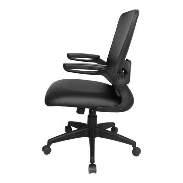 A black office chair with a high back, cushioned seat, flip-up armrests, and a five-wheel base.