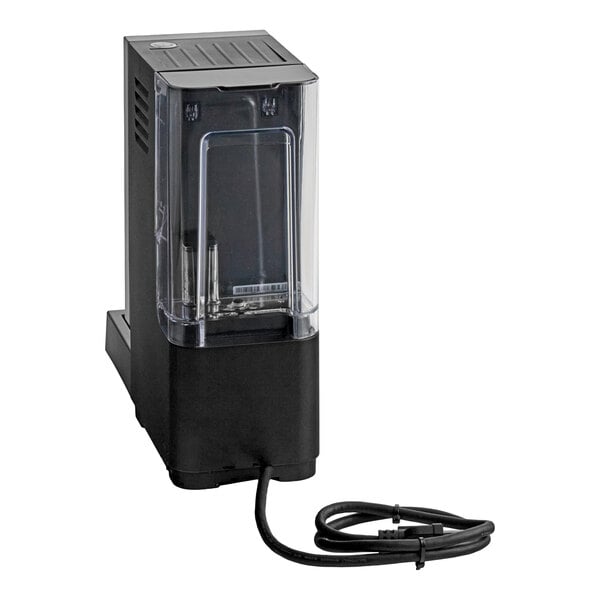 A black and transparent electric appliance with a visible power cord, featuring a clear container and a modern, rectangular design.