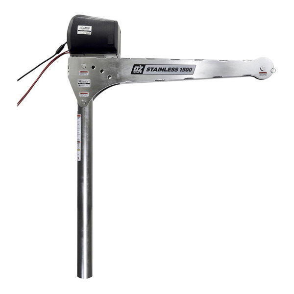 A metallic davit crane with a long horizontal arm, a vertical support post, and an electric winch mounted at the top.