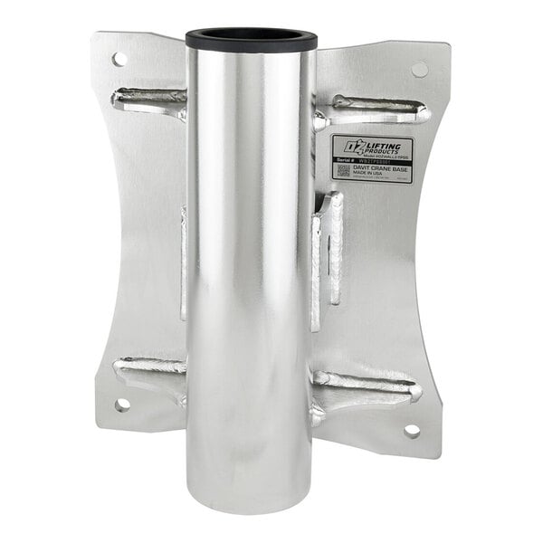 A metallic wall-mount base with a cylindrical tube in the center and four mounting holes at the corners.