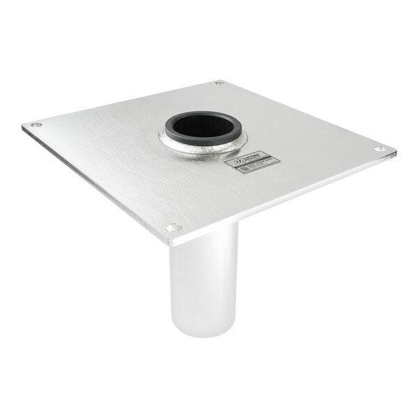 A square metal plate with a central circular opening and a cylindrical tube extending downward, featuring four corner holes for mounting.