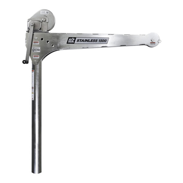 A stainless steel davit crane with a manual winch and labeled 'STAINLESS 1500' on the arm.