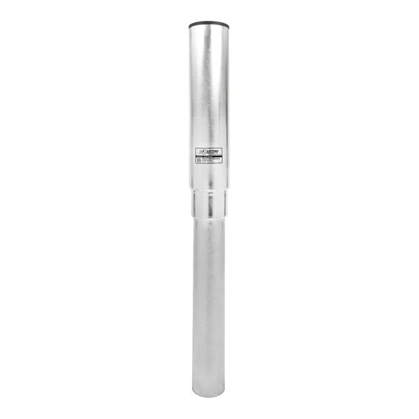 A tall, cylindrical, metallic tube with a label in the center, standing vertically against a white background.