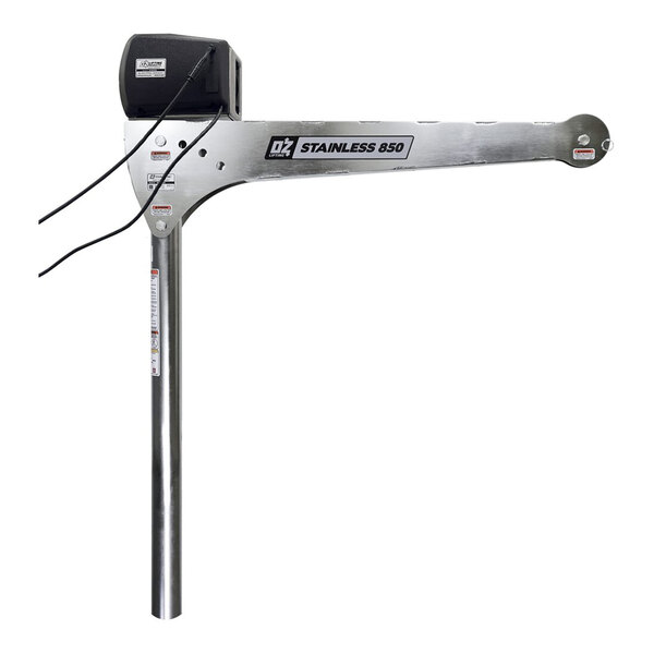 A stainless steel davit crane with an attached electric winch and labeled 'STAINLESS 850' on the arm.