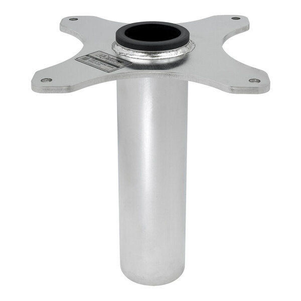 A metallic cylindrical socket base with a flat, four-armed mounting plate and a central opening, designed for secure attachment.