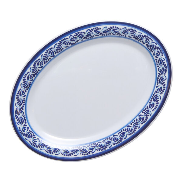 G.E.T. Diamond Esencia 12" x 9" Oval White / Blue Melamine Platter - 12/Case