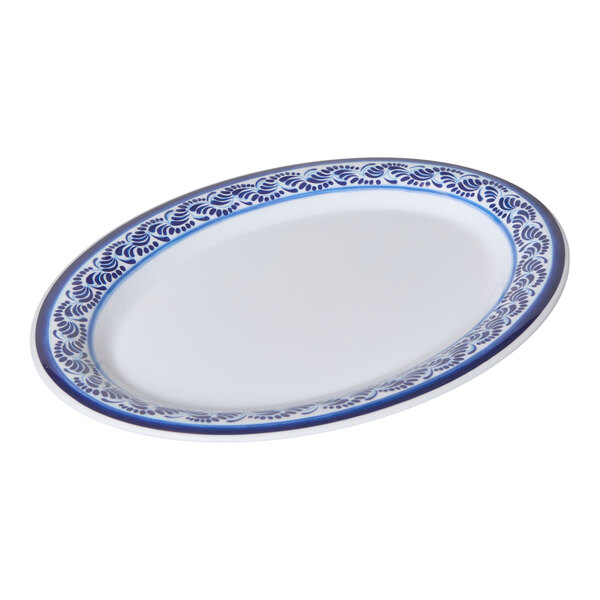 G.E.T. Diamond Esencia 12" x 9" Oval White / Blue Melamine Platter - 12/Case