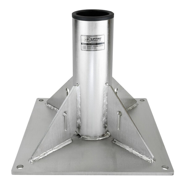 A metal pedestal base with a cylindrical tube in the center, reinforced by four triangular support plates, mounted on a square base plate with holes at each corner.