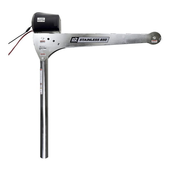 A stainless steel davit crane with an attached electric winch and visible wiring, labeled 'STAINLESS 850.'