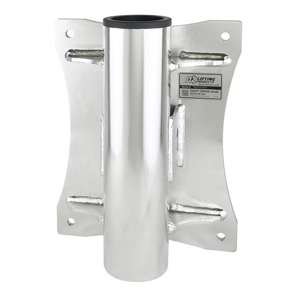 A metallic wall-mount base with a cylindrical tube in the center and four mounting holes at the corners.