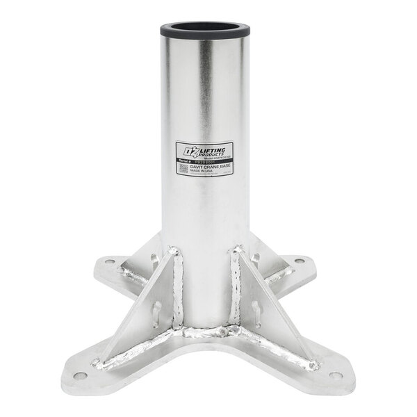 A metallic pedestal base with a cylindrical vertical tube and four flat, welded support arms extending outward, each with a mounting hole at the end.