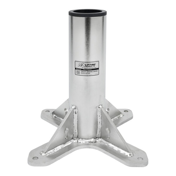 A metallic pedestal base with a cylindrical center and four flat, triangular supports extending to a square base with rounded corners.
