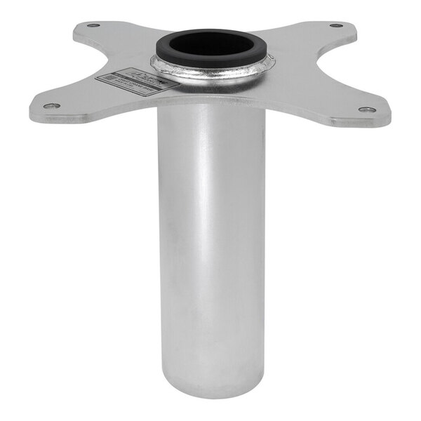 A metallic cylindrical socket base with a flat, four-armed mounting plate and a central opening.