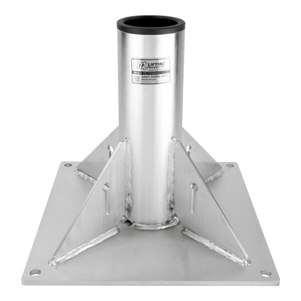 A metal pedestal base with a cylindrical tube in the center, reinforced by four triangular support brackets, mounted on a square plate with holes at each corner.