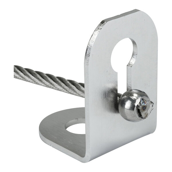A metal bracket with a keyhole-shaped slot holding a steel wire rope secured by a ball end fitting.