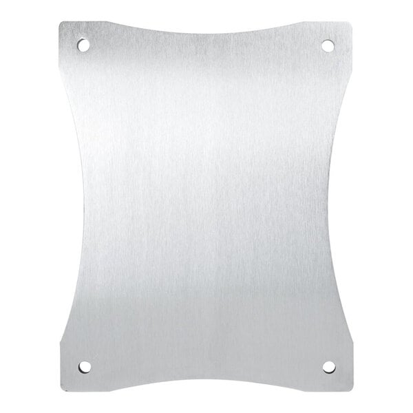 A rectangular, slightly concave metal plate with a brushed finish and four holes, one near each corner.