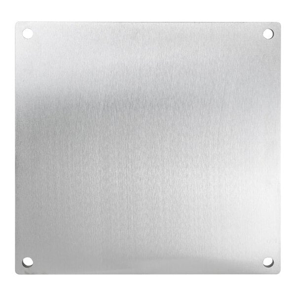 A square, brushed metal plate with a hole in each corner.
