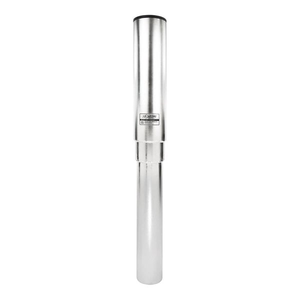 A tall, cylindrical, metallic tube with a shiny finish and a small label on its upper section.