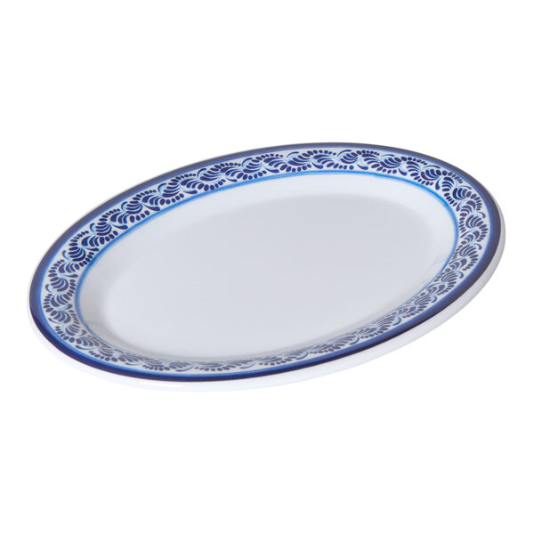 G.E.T. Diamond Esencia 9 3/4" x 7 1/4" Oval White / Blue Melamine Platter - 24/Case