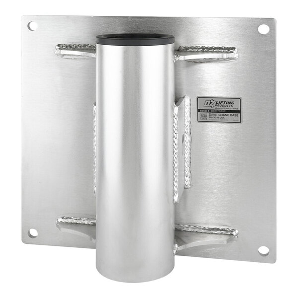 A metal wall-mount base with a cylindrical tube welded to a square plate, featuring reinforced welds and mounting holes at the corners.